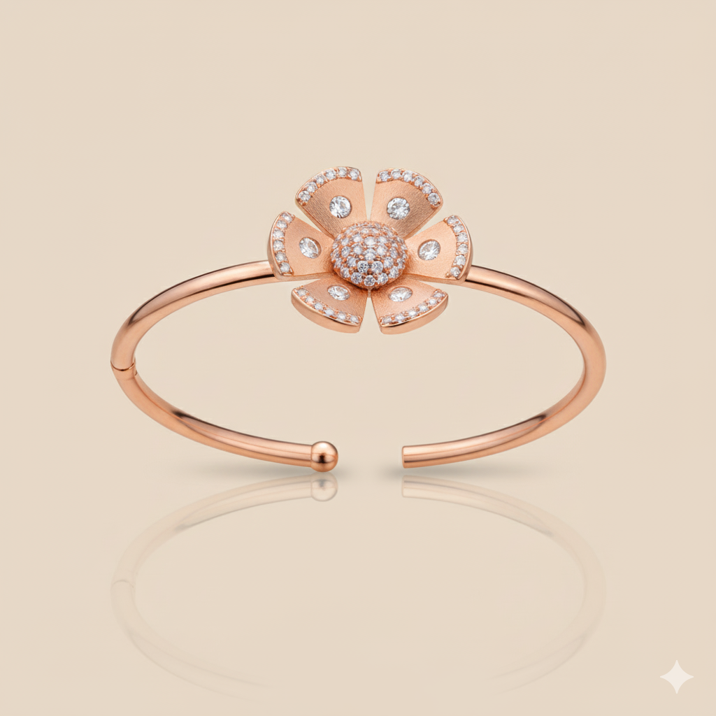 "Rose Bloom" Pave Flower Cuff Bangle
