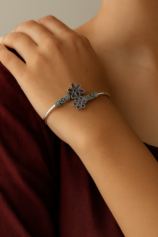 Regal Bloom Kada – 925 Sterling Silver with Magenta Stones