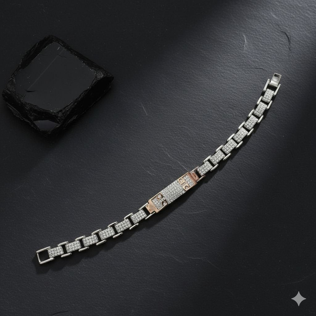 Two-Tone Pave ID Bar Sterling Silver Bracelet
