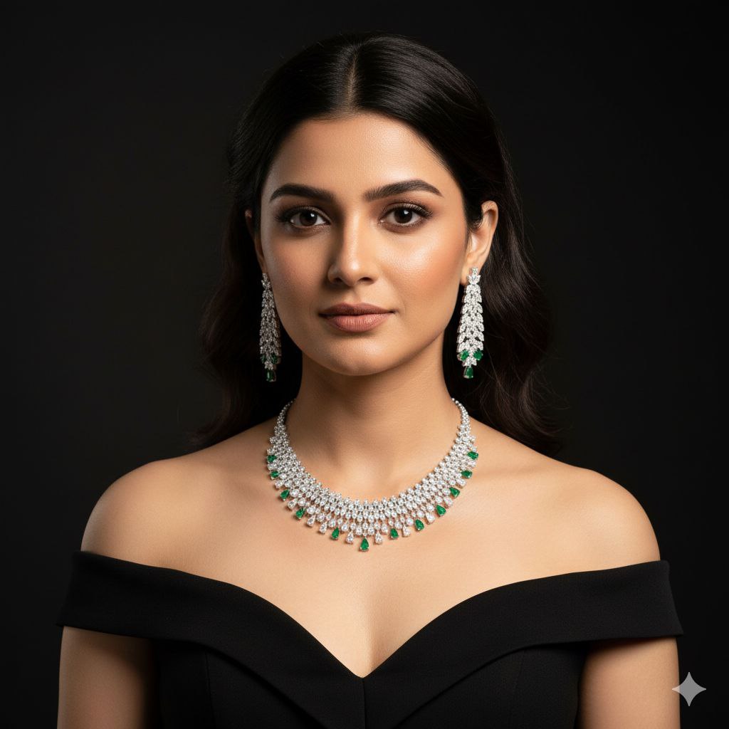 "Emerald Cascade" Grand Pave 925 Silver Bridal Set