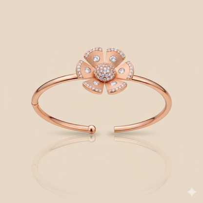 "Rose Bloom" Pave Flower Cuff Bangle