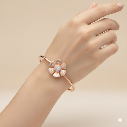 "Rose Bloom" Pave Flower Cuff Bangle