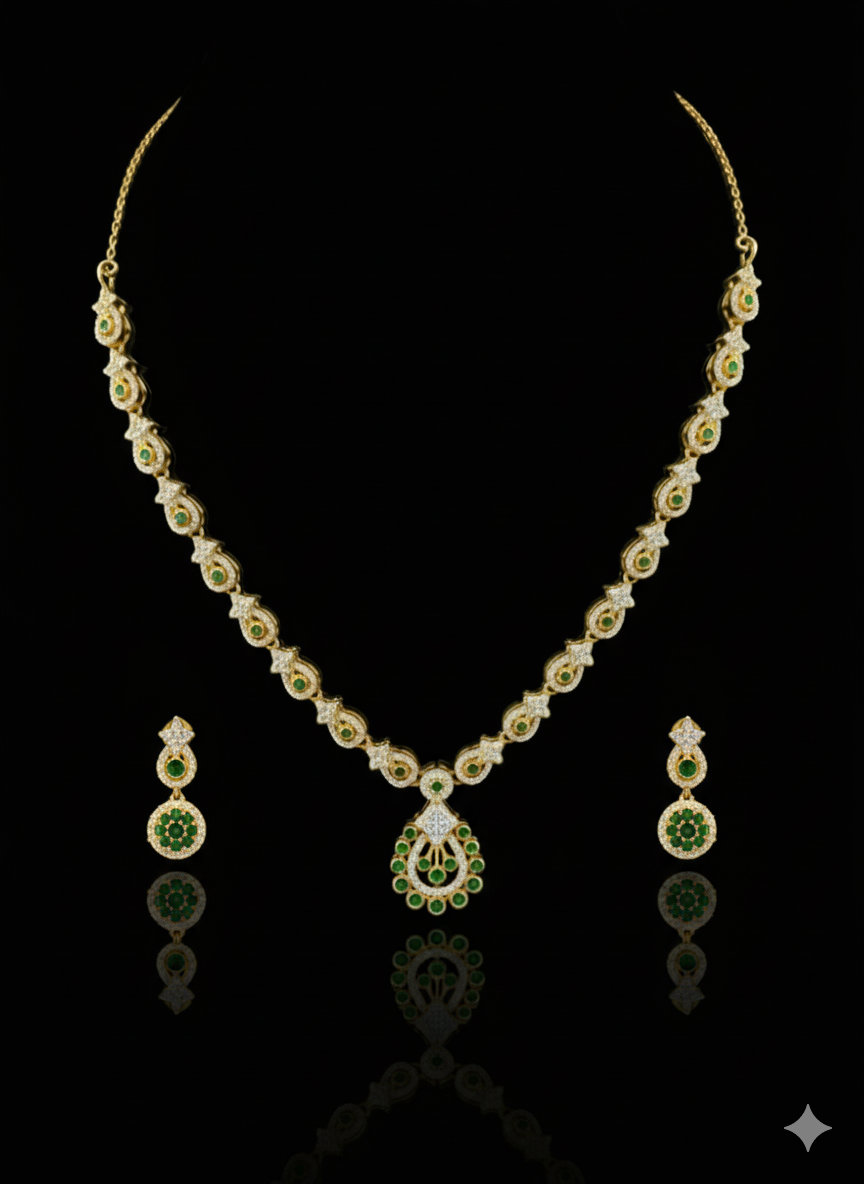 "Jasmine Cascade" Emerald Green & Gold Plated 925 Silver Set