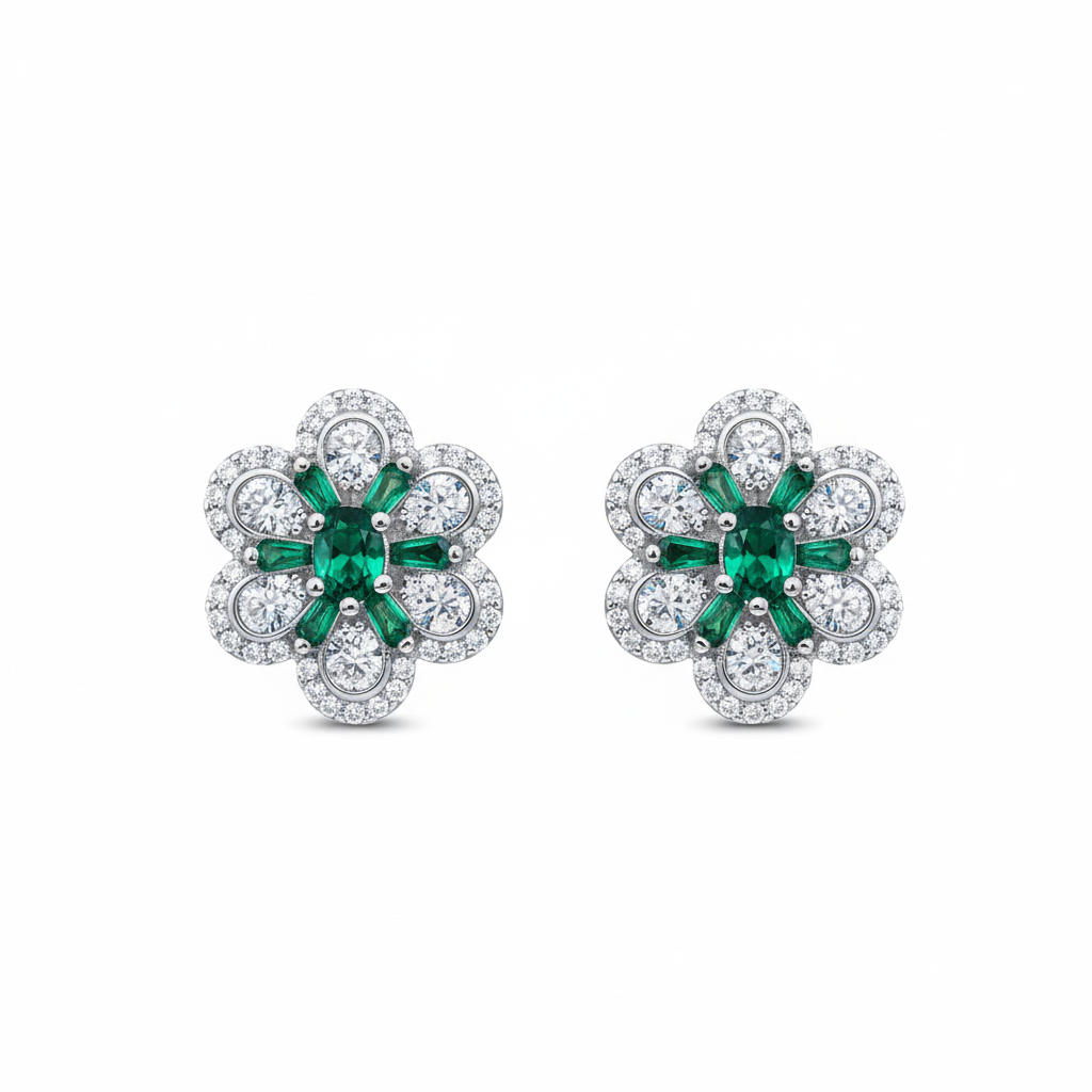 "Verdant Bloom" Emerald & Diamond Simulant 925 Studs