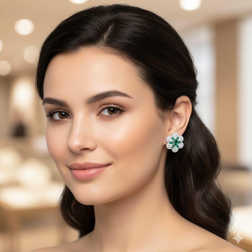 "Verdant Bloom" Emerald & Diamond Simulant 925 Studs