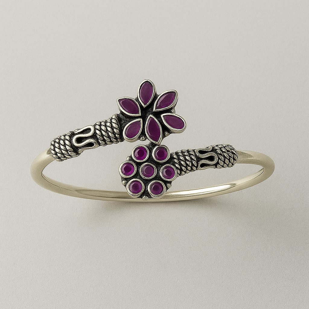 Regal Bloom Kada – 925 Sterling Silver with Magenta Stones