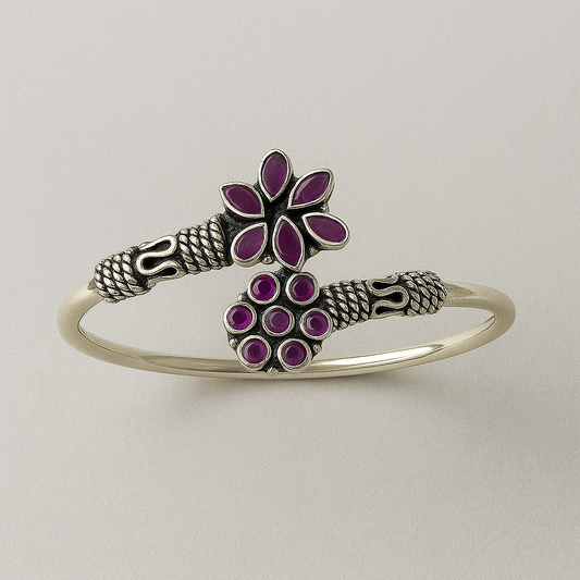 Regal Bloom Kada – 925 Sterling Silver with Magenta Stones