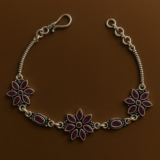 Crimson Bloom Sterling Silver Bracelet