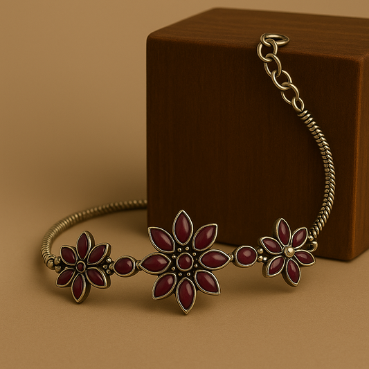Crimson Bloom Sterling Silver Bracelet