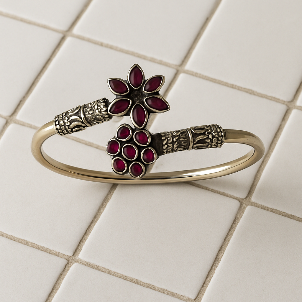 Regal Bloom Kada – 925 Sterling Silver with Magenta Stones