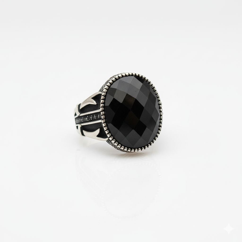 "The Obsidian Duke" Faceted Black Onyx 925 Silver Signet Ring