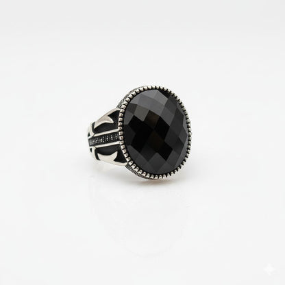 "The Obsidian Duke" Faceted Black Onyx 925 Silver Signet Ring