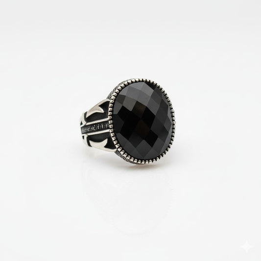 "The Obsidian Duke" Faceted Black Onyx 925 Silver Signet Ring