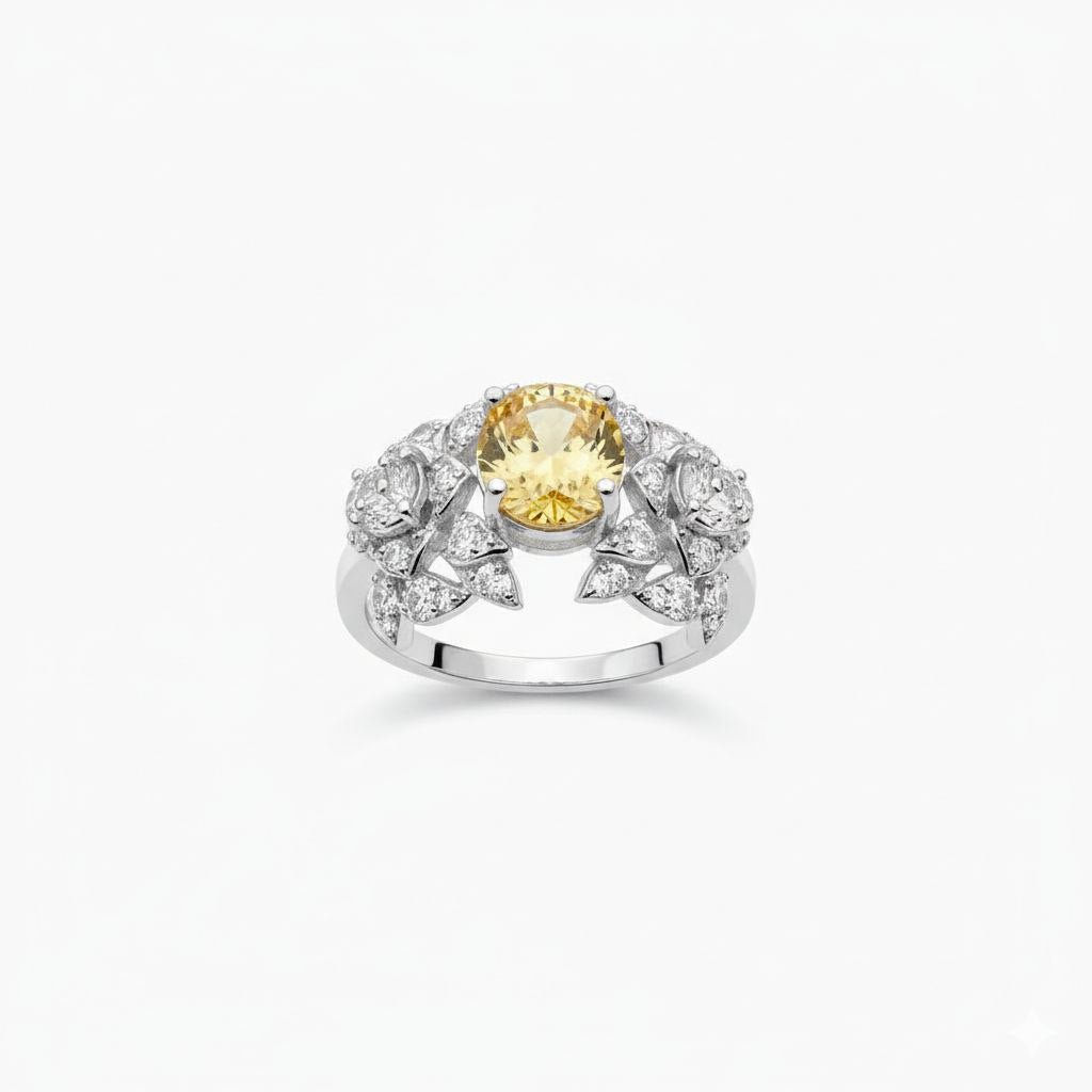 Gilded Garden" Yellow Sapphire & Pave Leaf 925 Silver Ring