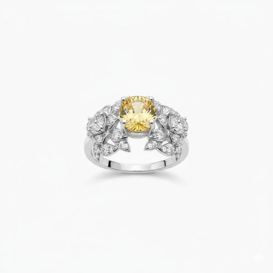 Gilded Garden" Yellow Sapphire & Pave Leaf 925 Silver Ring
