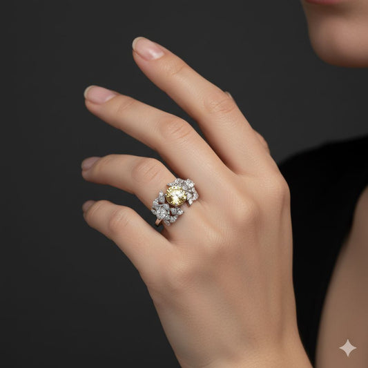 Gilded Garden" Yellow Sapphire & Pave Leaf 925 Silver Ring