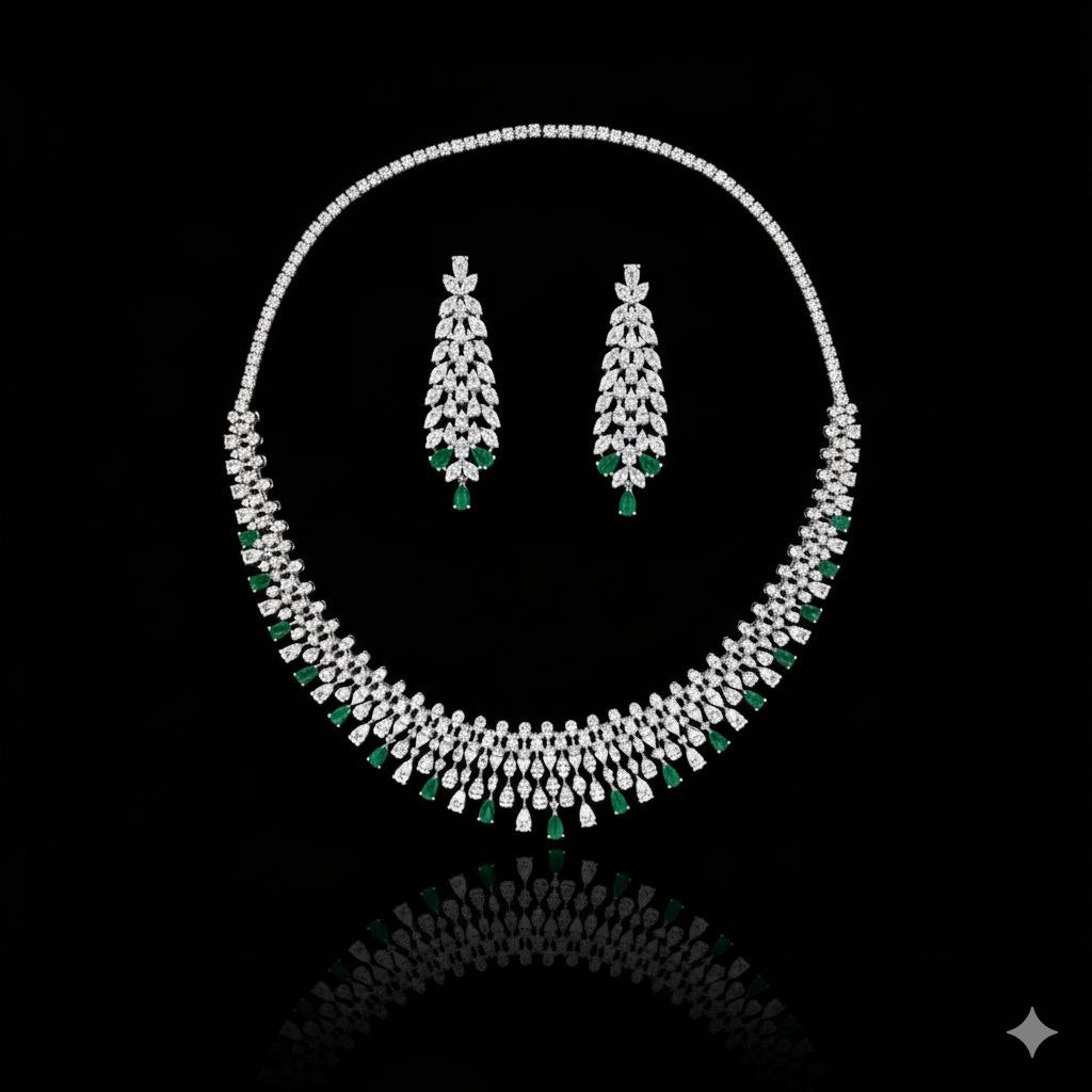"Emerald Cascade" Grand Pave 925 Silver Bridal Set